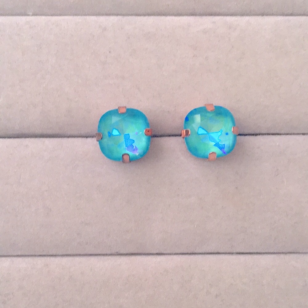 Aquamarine Aurora Borealis + Rose Gold Cushion Cut Crystal Earrings - Picture 5 of 5